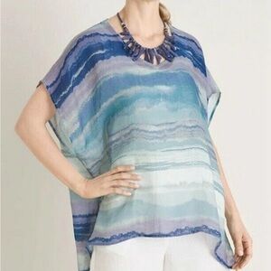 Chico's Mineral Wash Stripe Aqua Blue LINEN Topper Beach Coverup Poncho L XL